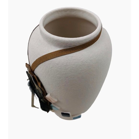 Native American Indian Style Vase Feather Vase White Home Decor Pottery 8 in - Picture 8 of 10